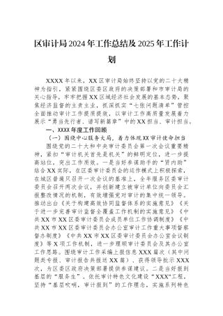 区审计局2024年工作总结及2025年工作计划