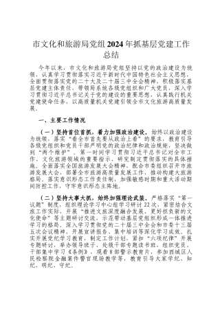 市文化和旅游局党组2024年抓基层党建工作总结