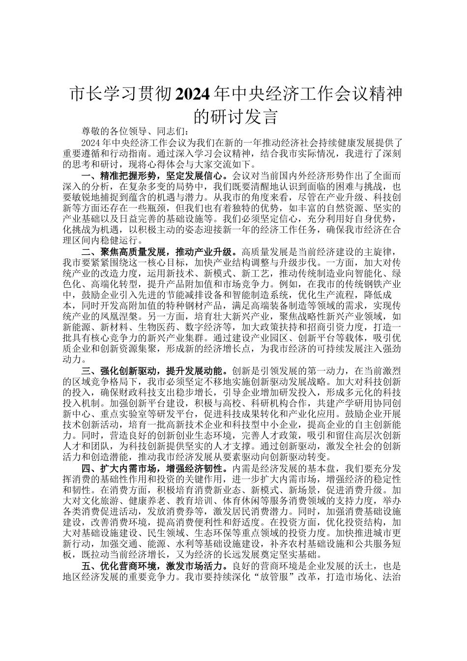 市长学习贯彻2024年中央经济工作会议精神的研讨发言_第1页