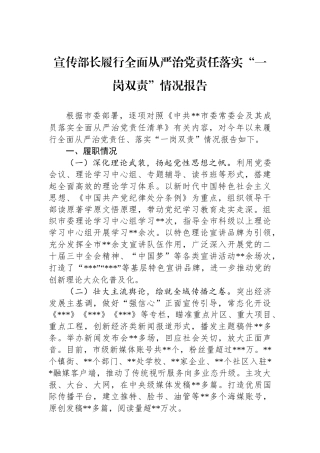 宣传部长履行全面从严治党政治责任落实“一岗双责”情况报告