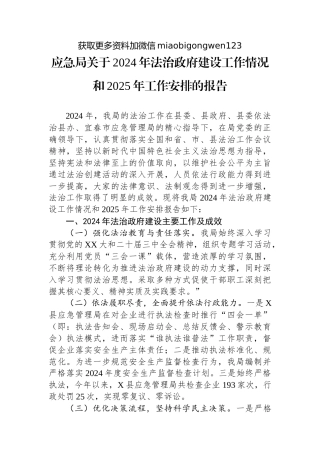 应急局关于2024年法治政府建设工作情况和2025年工作安排的报告