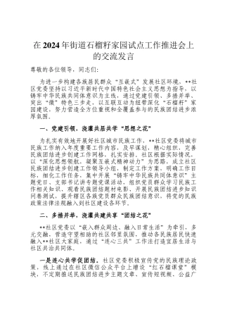 在2024年街道石榴籽家园试点工作推进会上的交流发言