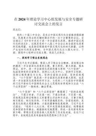 在2024年理论学习中心组发展与安全专题研讨交流会上的发言