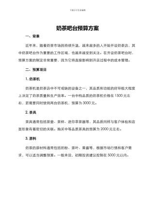 奶茶吧台预算方案