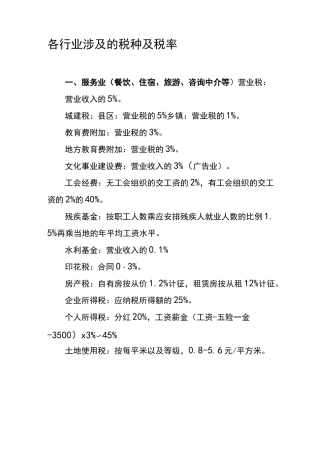 各行业涉及的税种及税率