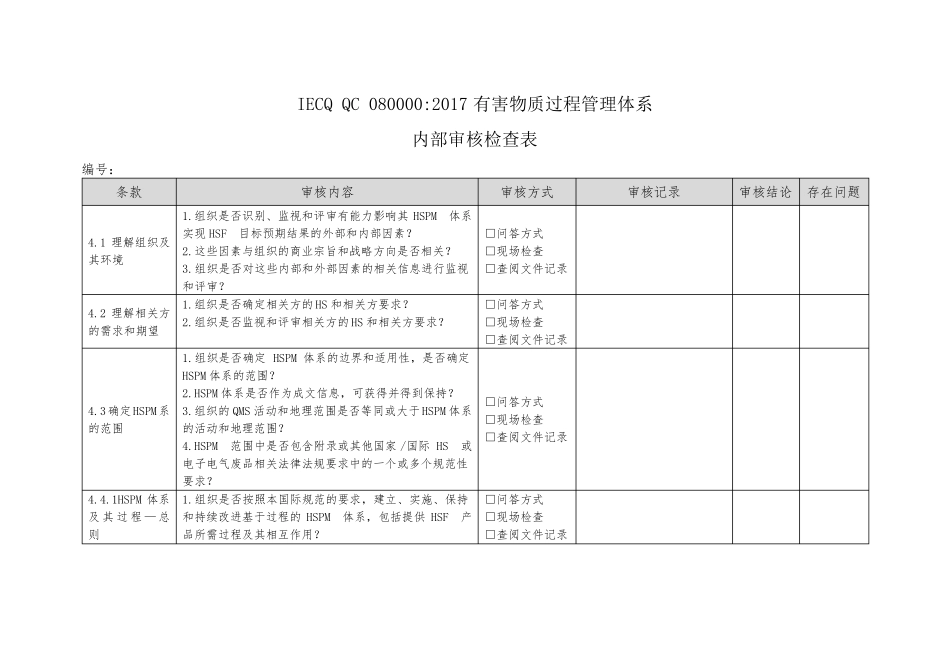 QC080000有害物质过程管理体系内部审核检查表_第1页