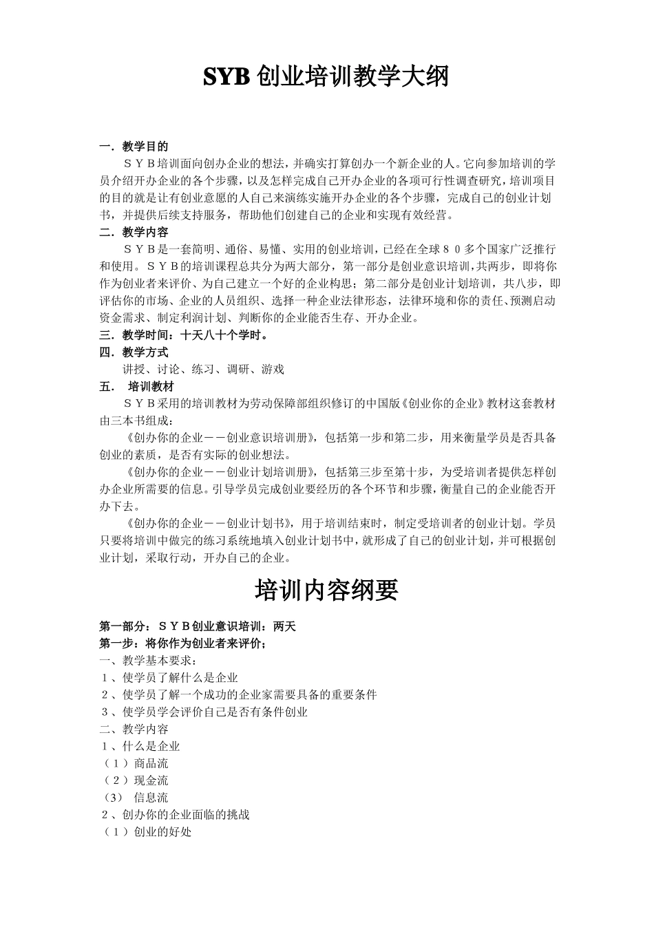SYB创业培训教学大纲_第1页