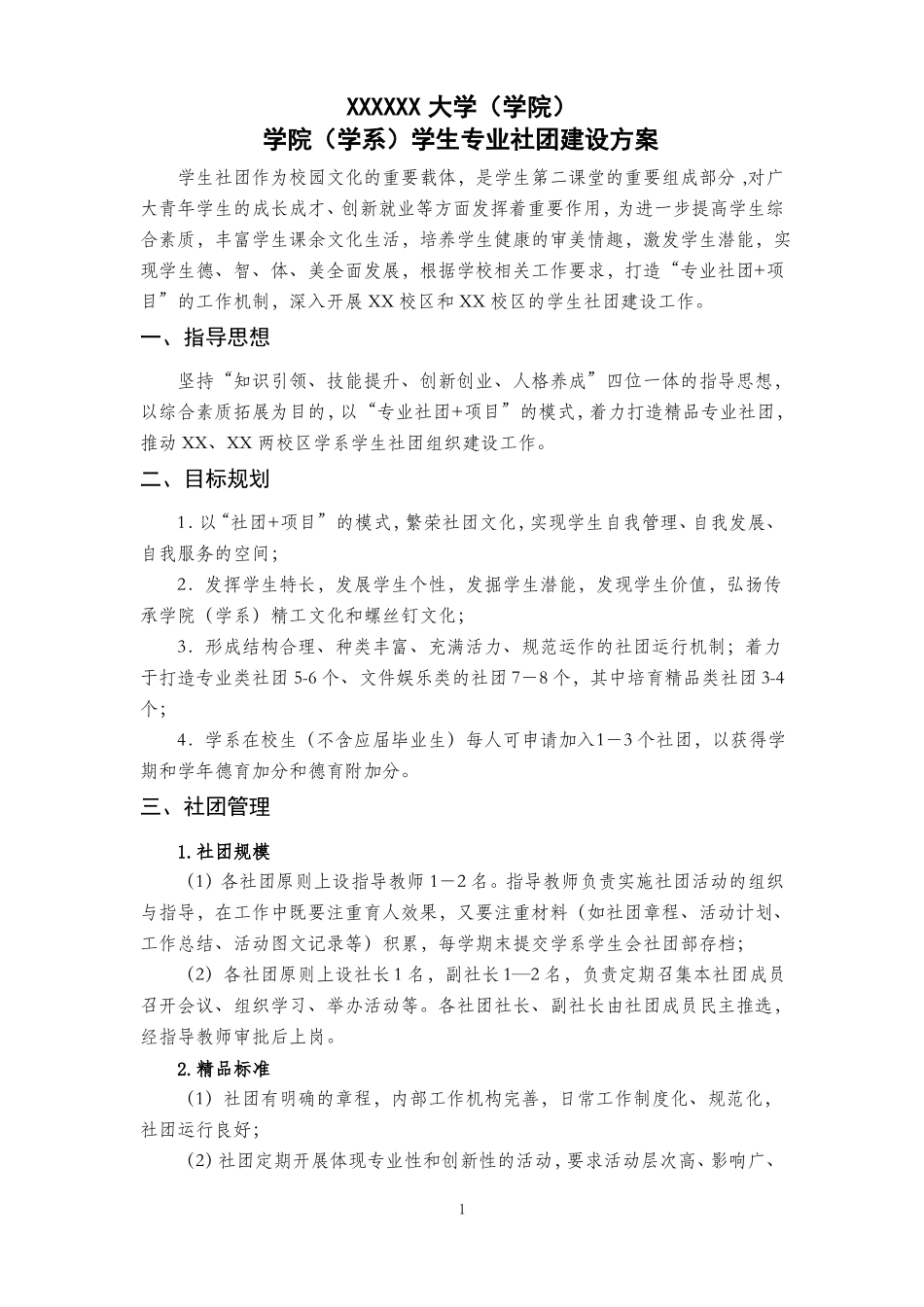 XXXXX大学学院学生社团专业社团建设方案_第1页
