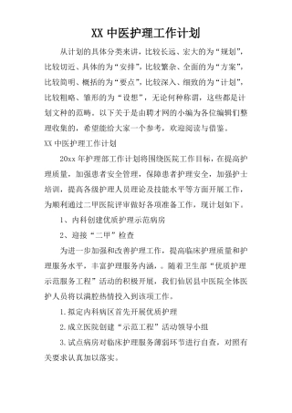 XX中医护理工作计划