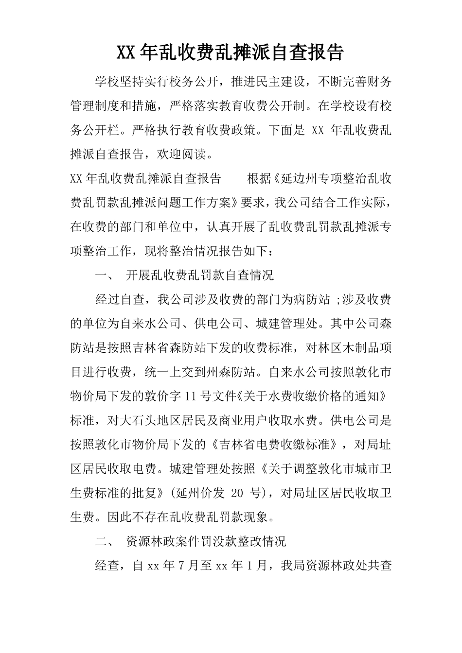 XX年乱收费乱摊派自查报告_第1页