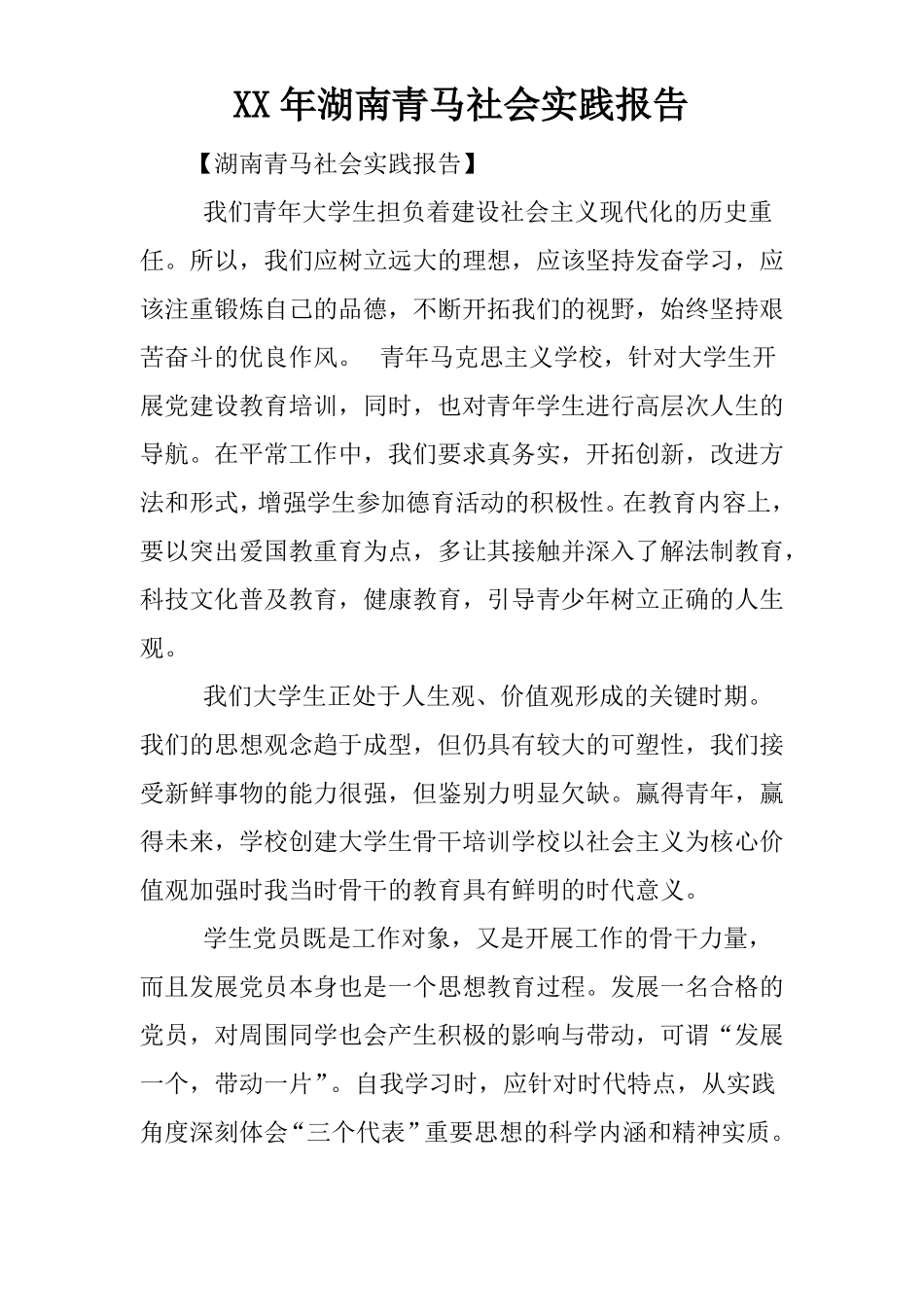 XX年湖南青马社会实践报告_第1页