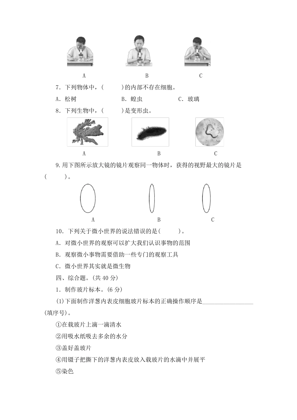 【单元卷】教科版2022022学年小学六年级上册科学：微小世界单元测试卷含答案_第3页