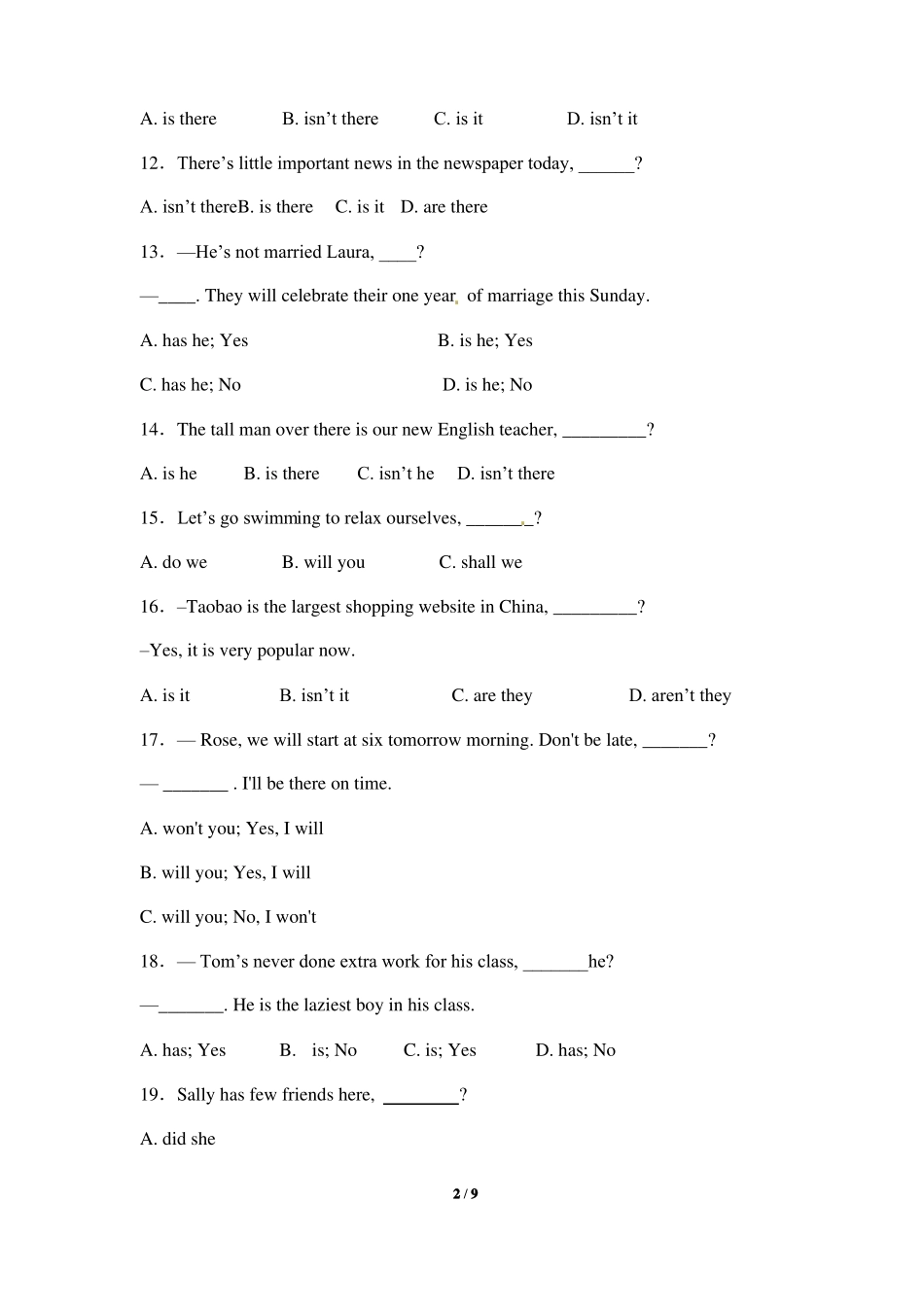 【单项选择专练】反义疑问句_第2页