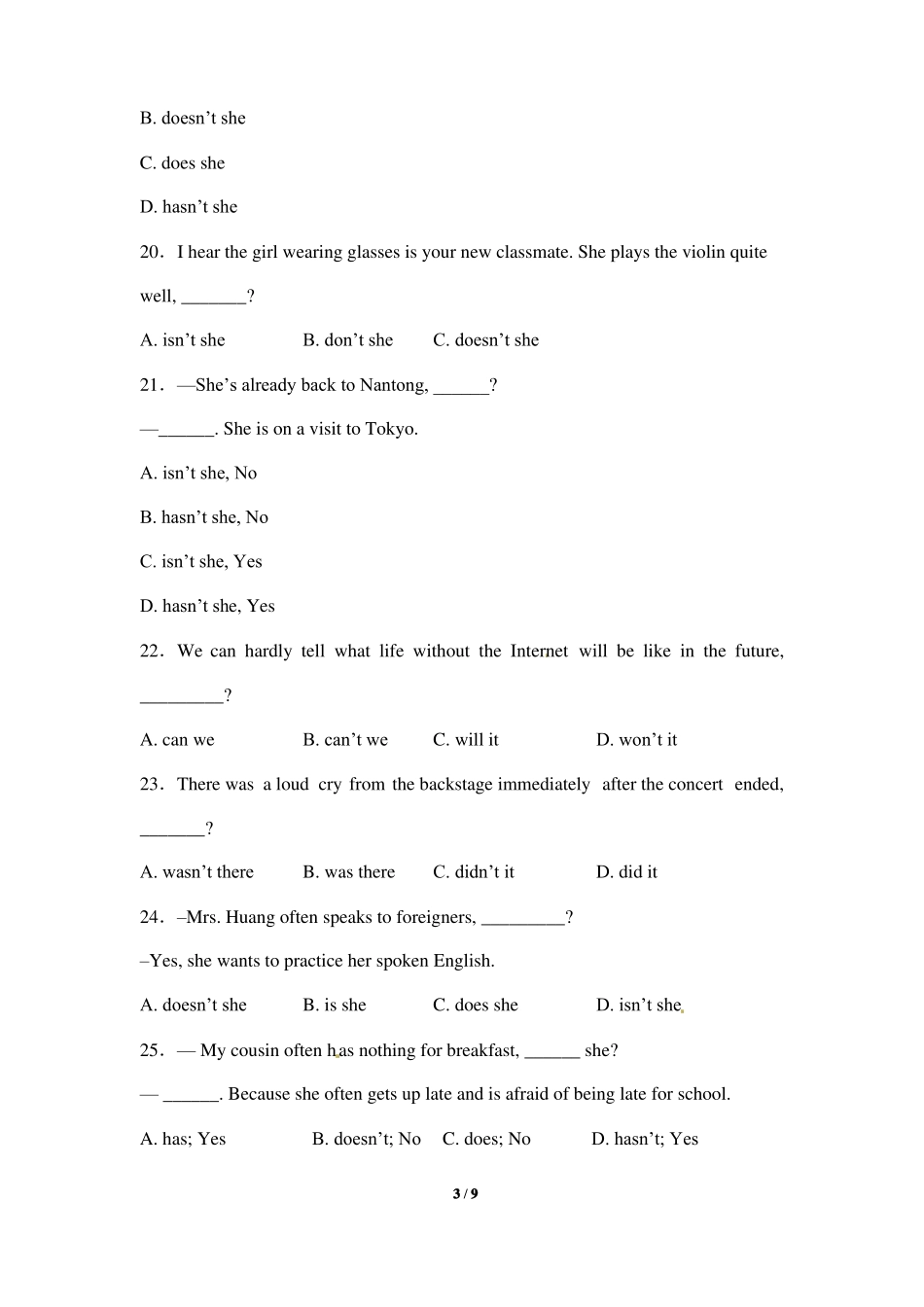 【单项选择专练】反义疑问句_第3页