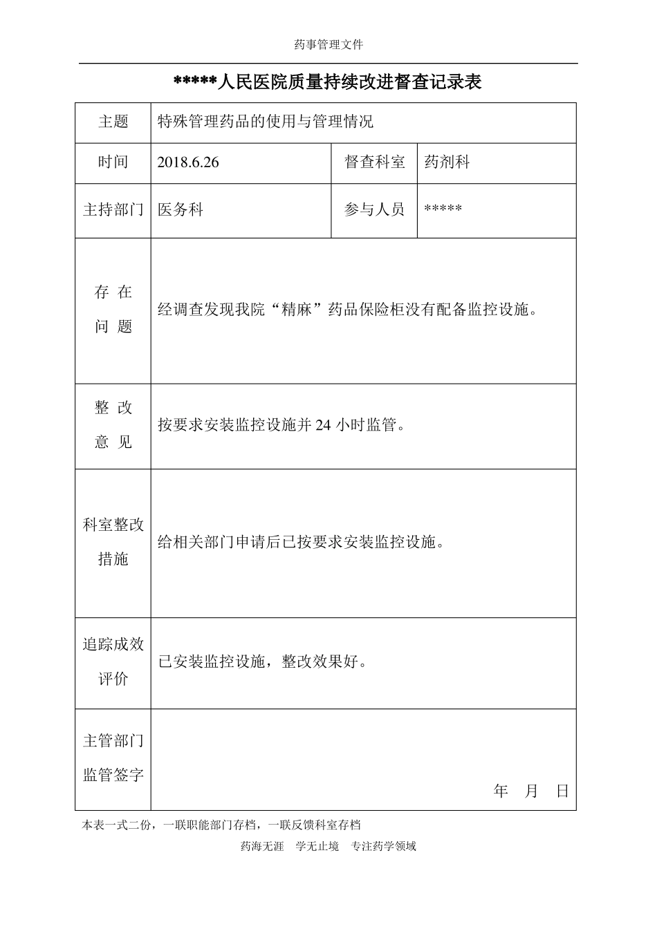 【实用】特殊管理药品管理与使用-质量持续改进督查记录表_第2页