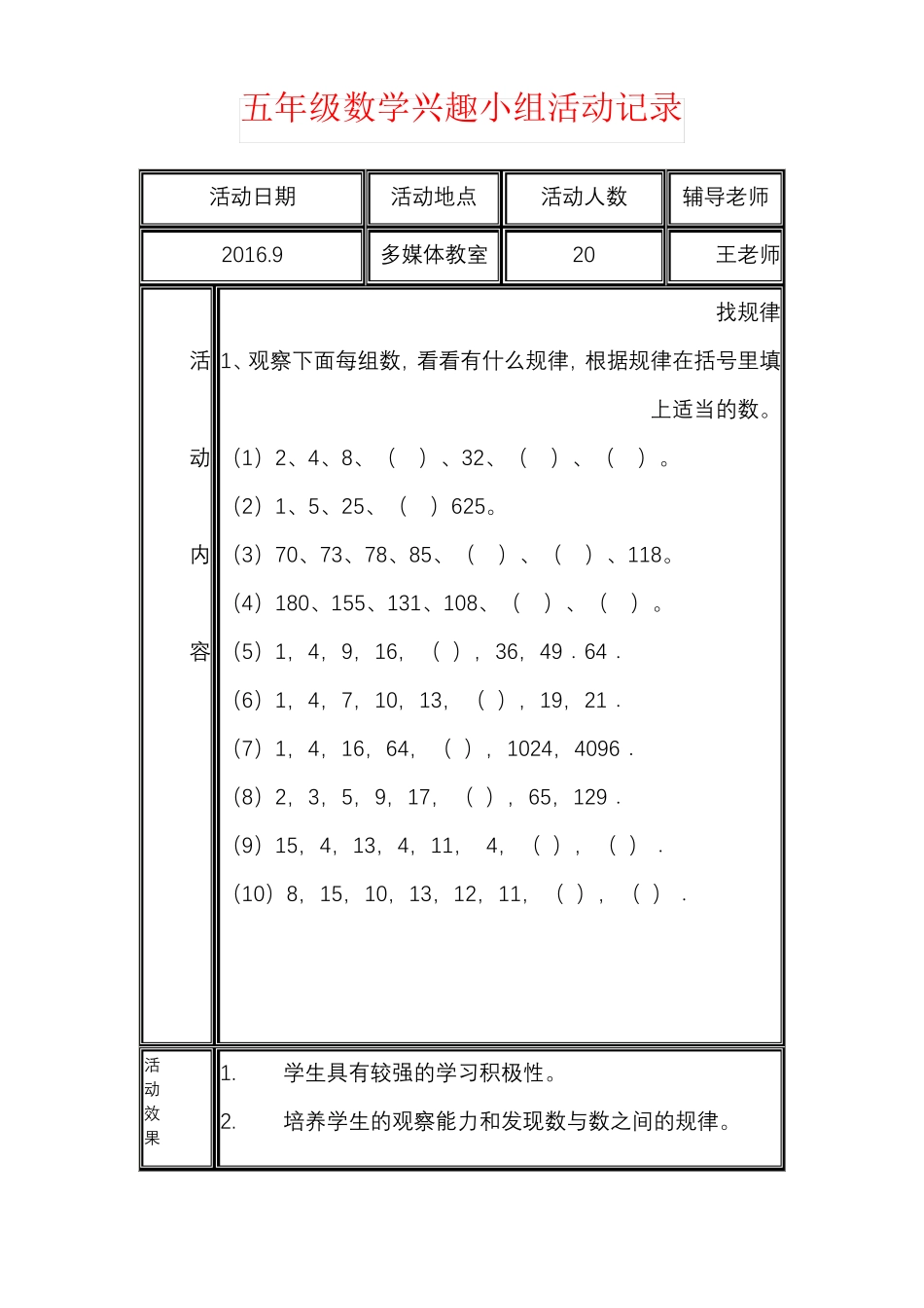 【强烈推荐】五年级数学兴趣小组活动记录_第1页