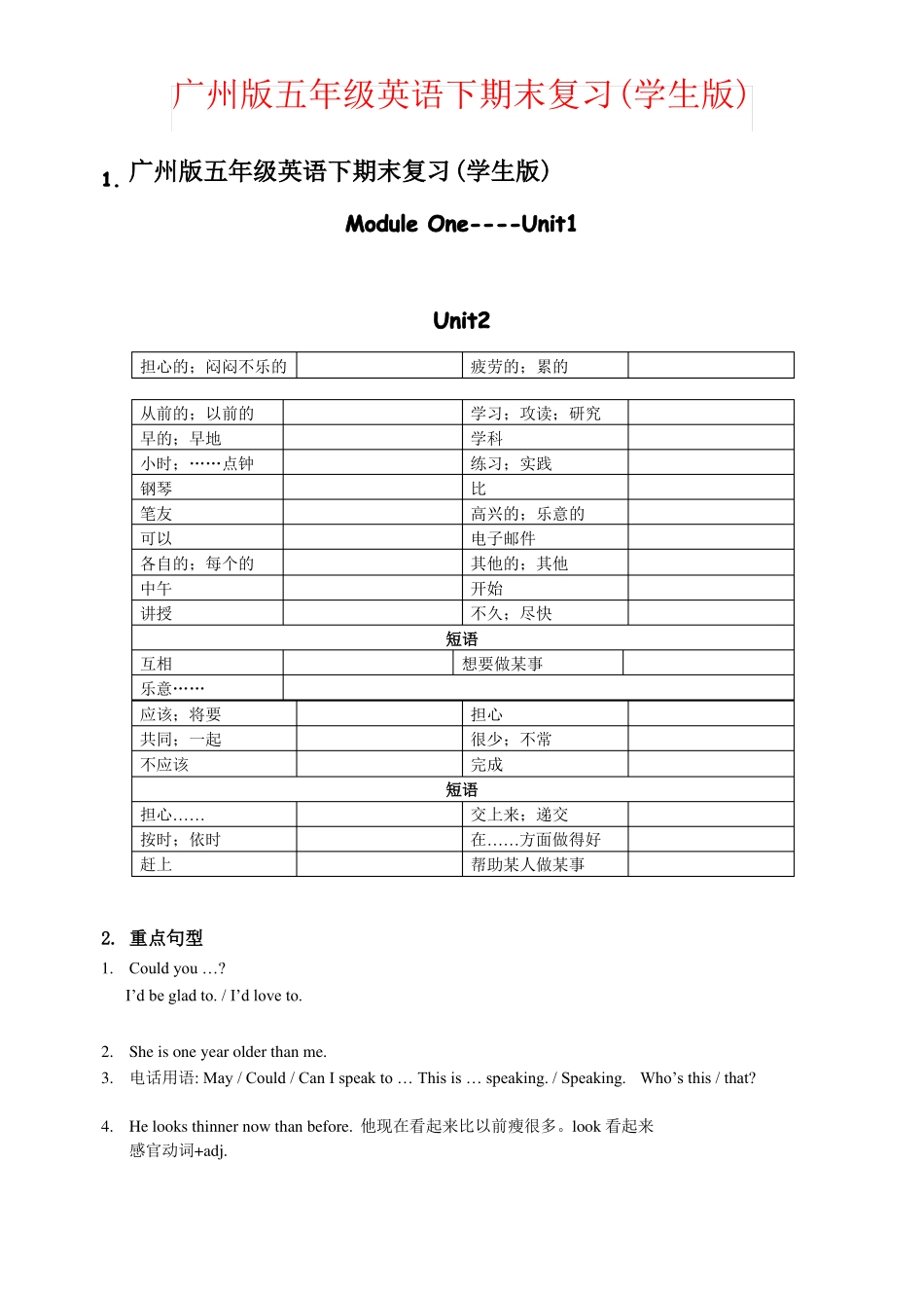 【强烈推荐】广州版五年级英语下期末复习学生版_第1页