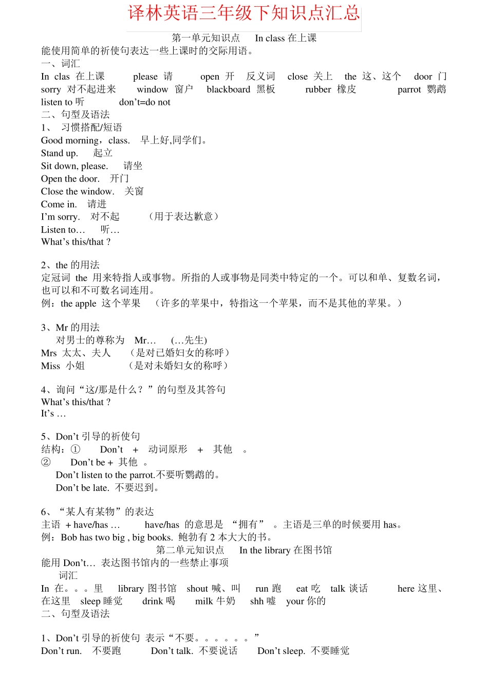 【强烈推荐】译林英语三年级下知识点汇总_第1页