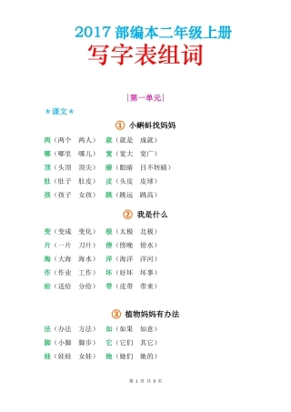 【部编版】二年级语文上册课本写字表组词精编版