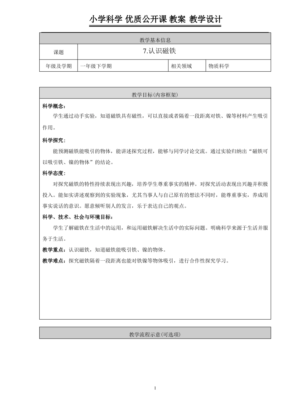 一年级下册科学教案-7认识磁铁人教版_第1页