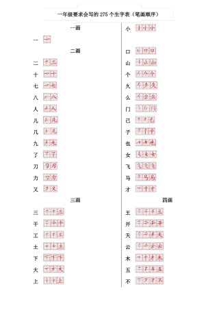 一年级生字表笔画顺序