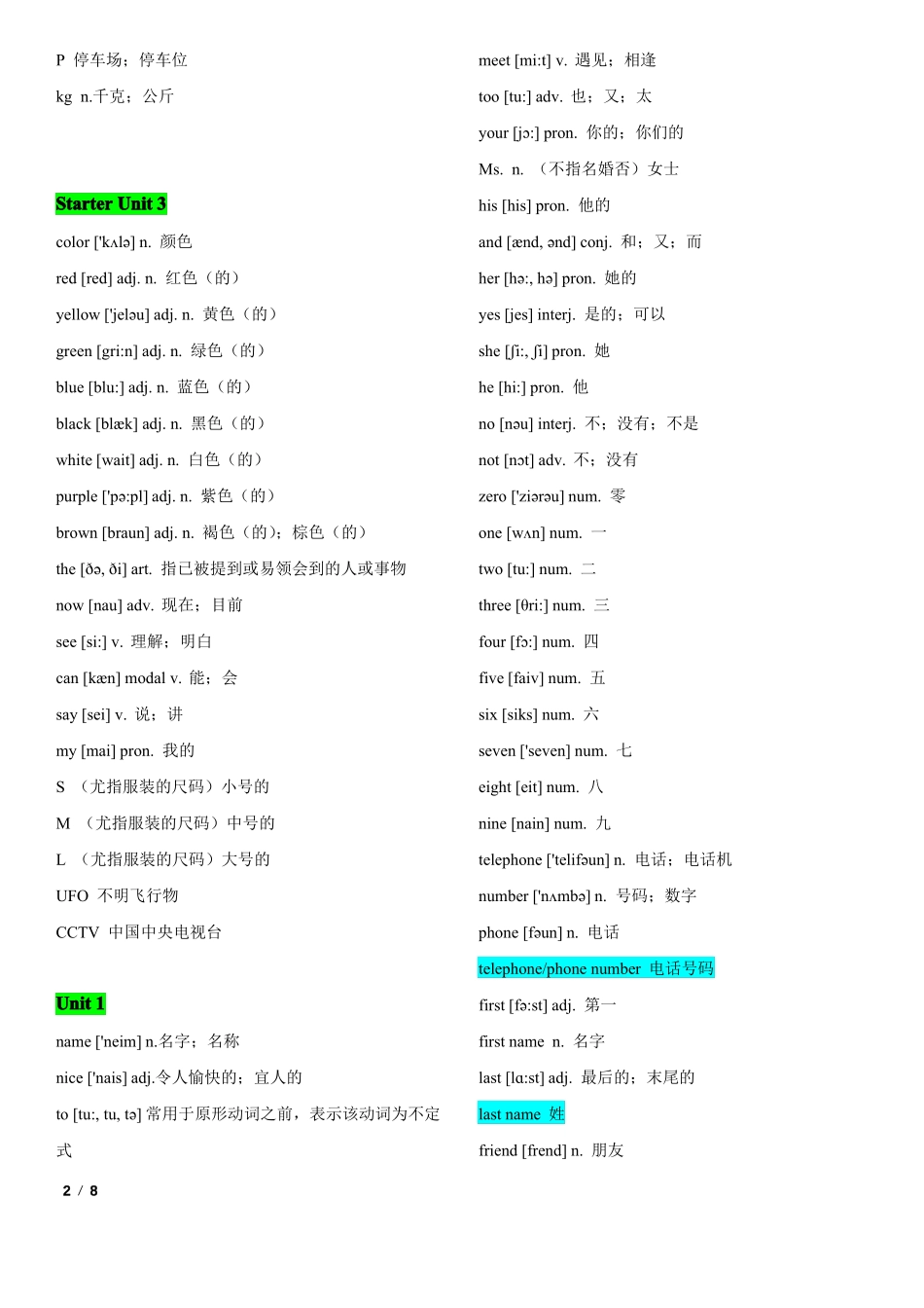 七年级上册单词表全部_第2页