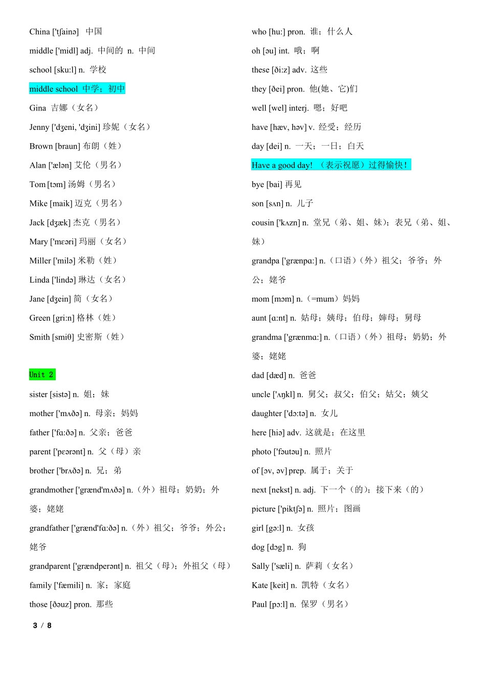 七年级上册单词表全部_第3页
