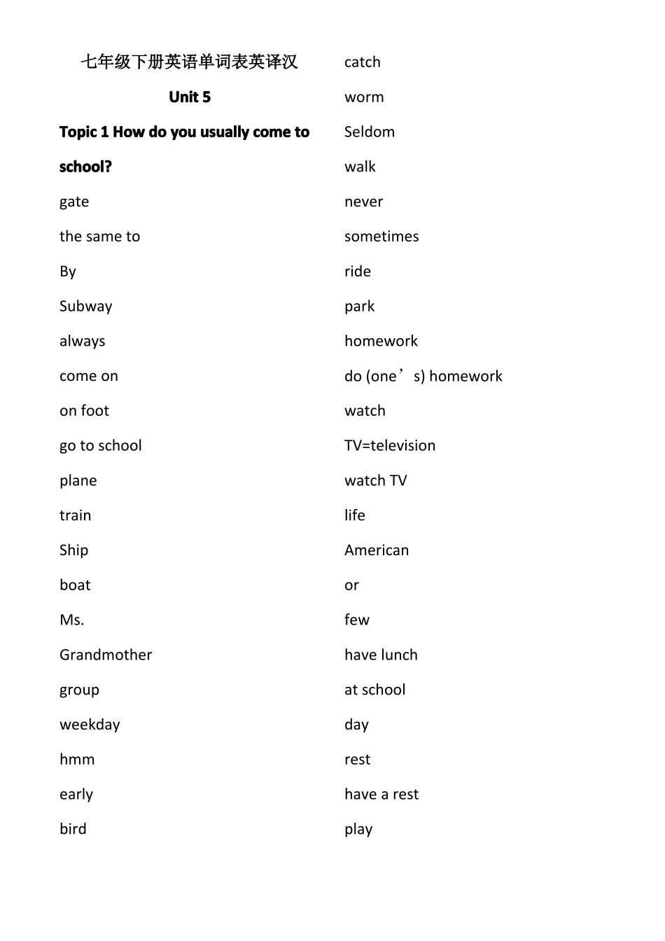 七年级下册英语单词表英译汉仁爱版_第1页