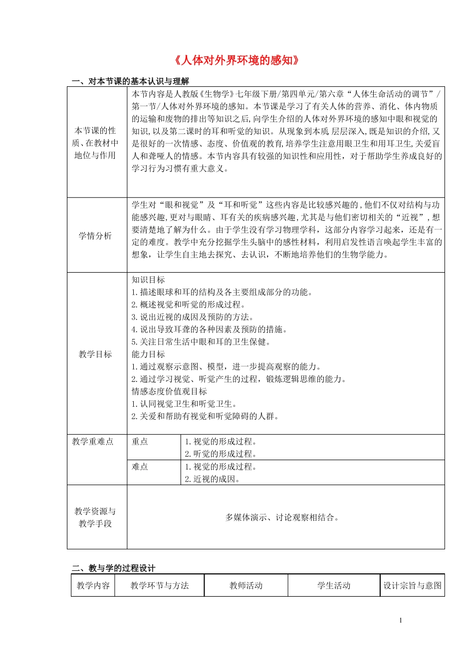 七年级生物下册1人体对外界环境的感知教学设计剖析_第1页
