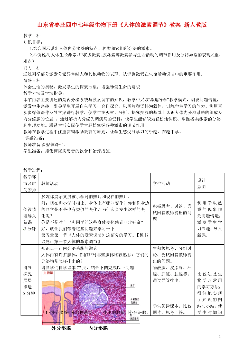七年级生物下册人体的激素调节教案新人教版_第1页