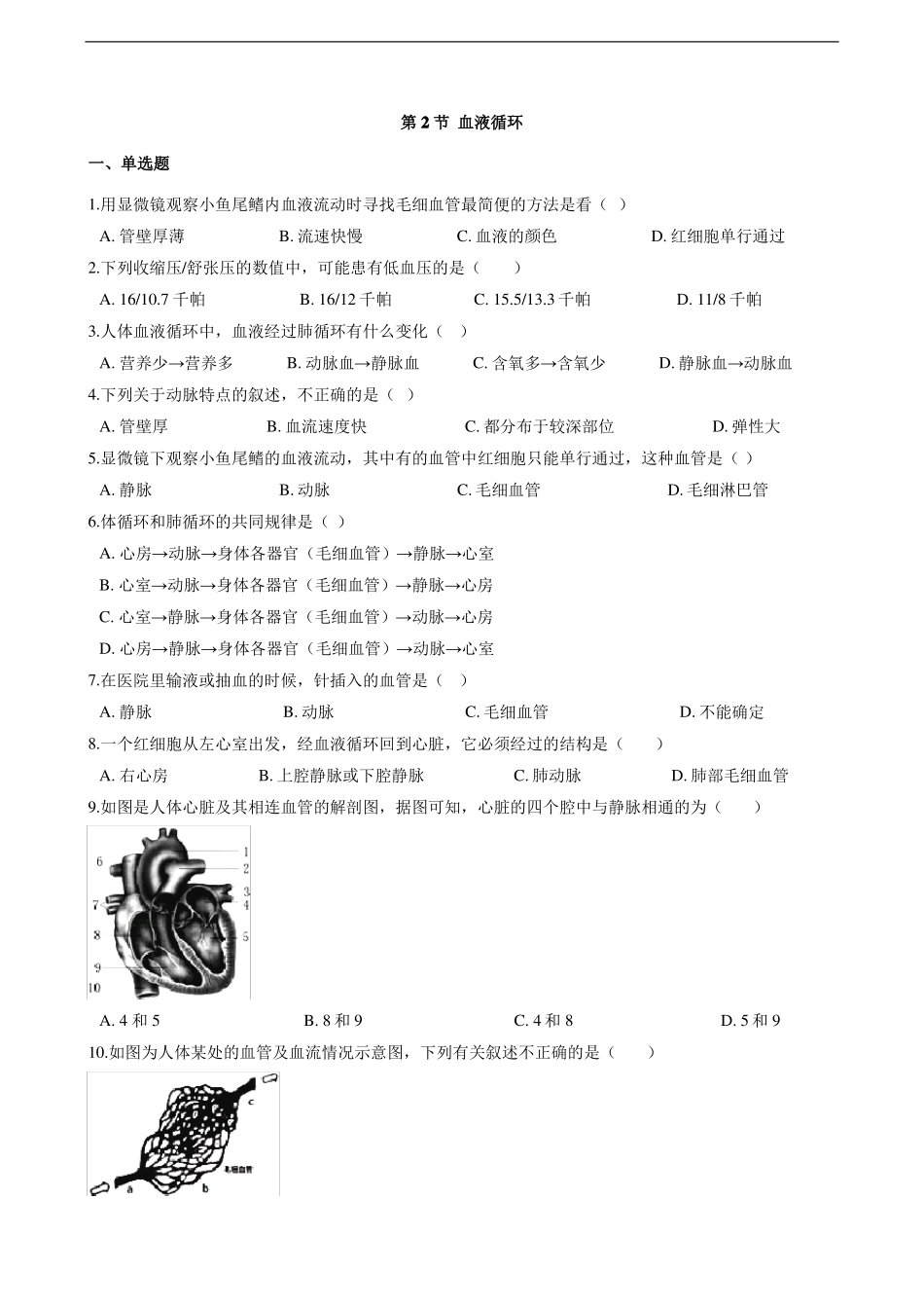 七年级生物下册血液循环同步测试_第1页
