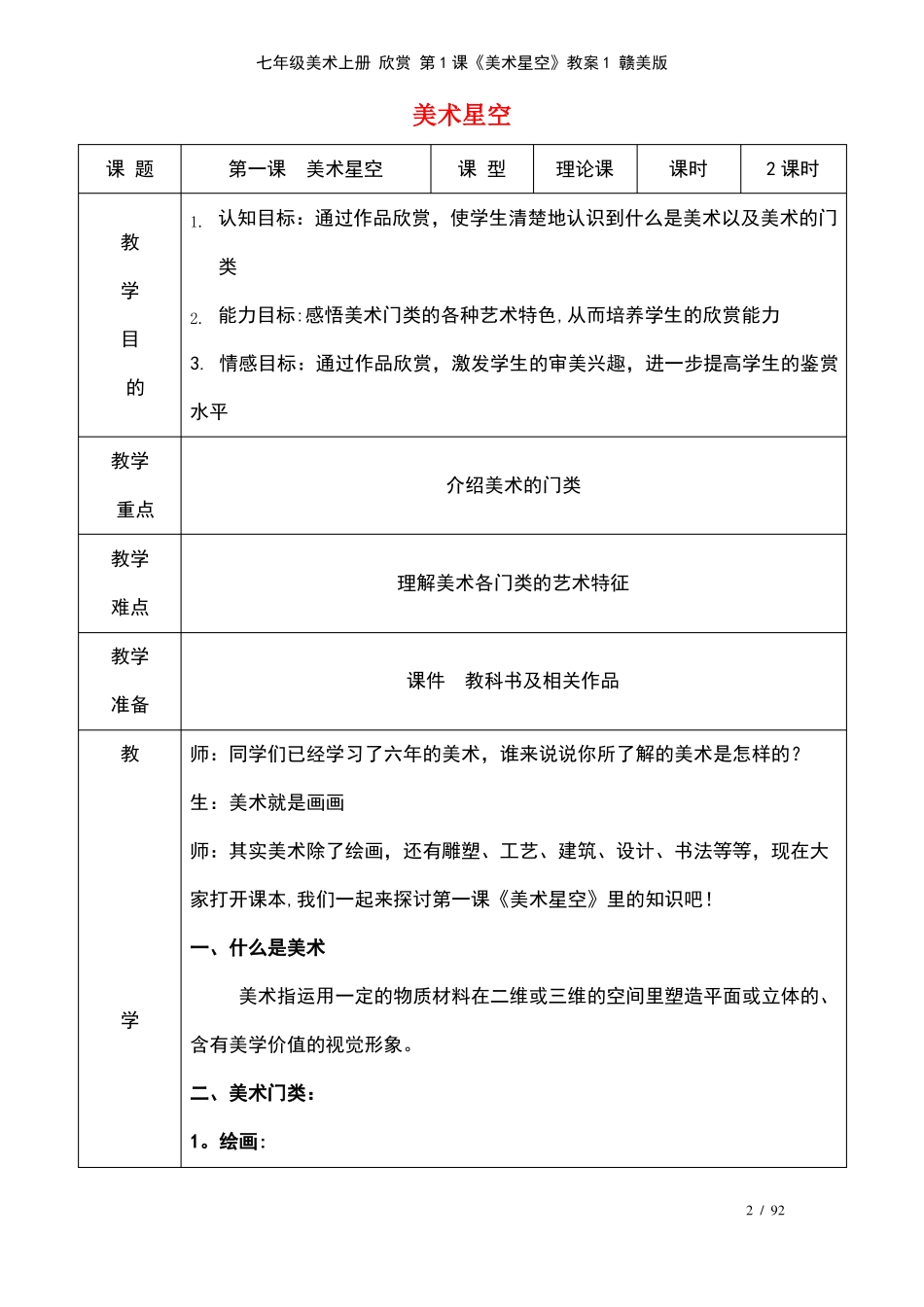 七年级美术上册欣赏第1课美术星空教案1赣美版2021年整理_第2页
