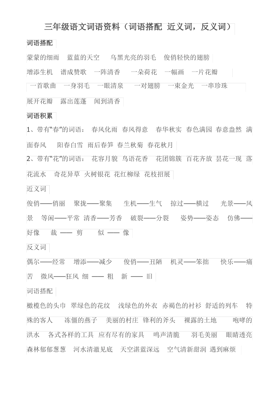 三年级语文词语资料词语搭配近义词反义词_第1页