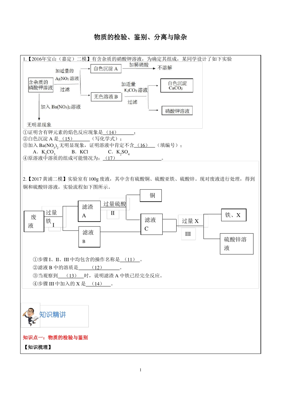 上海初三二模冲刺化学专题复习讲义-物质的检验、鉴别、分离与除杂_第1页