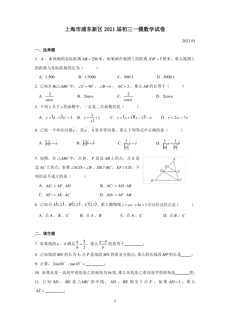 上海浦东新区2021届初三一模数学试卷_第1页