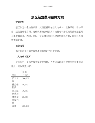 景区经营费用预算方案