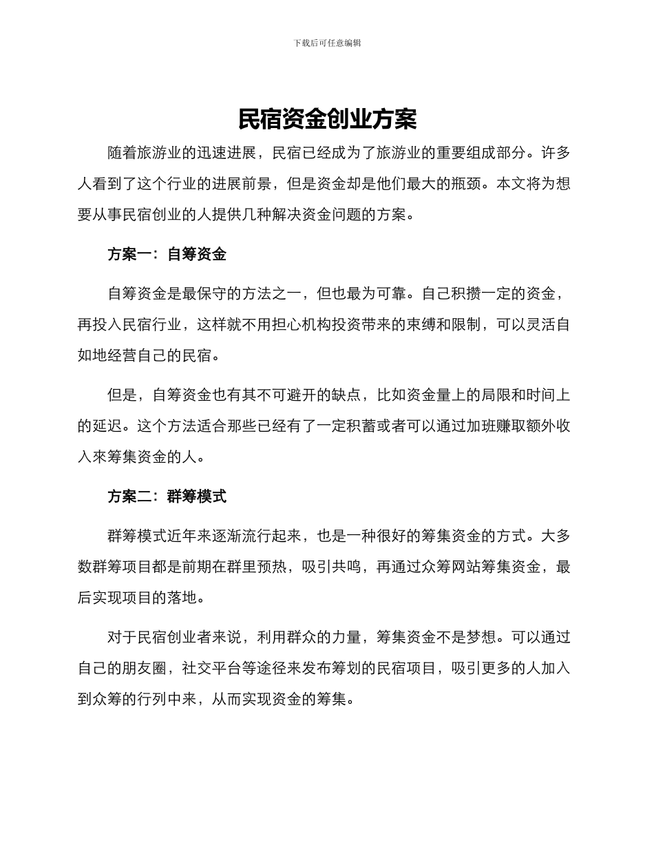 民宿资金创业方案_第1页