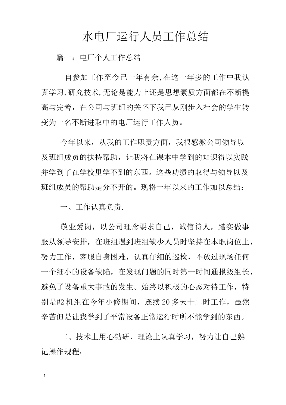 水电厂运行人员工作总结_第1页