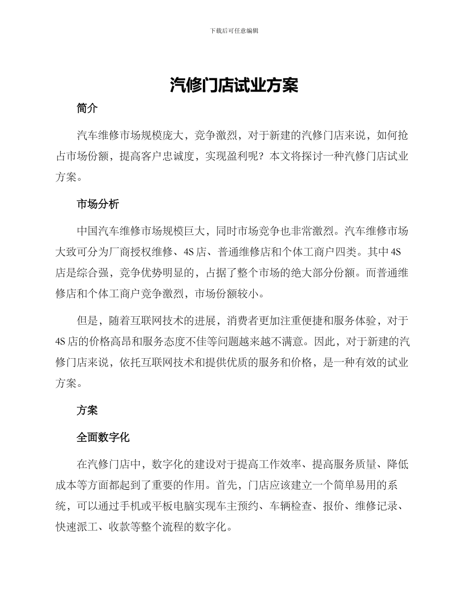 汽修门店试业方案_第1页