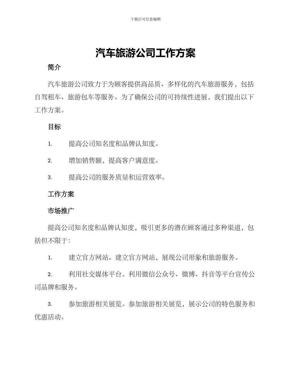 汽车旅游公司工作方案_第1页