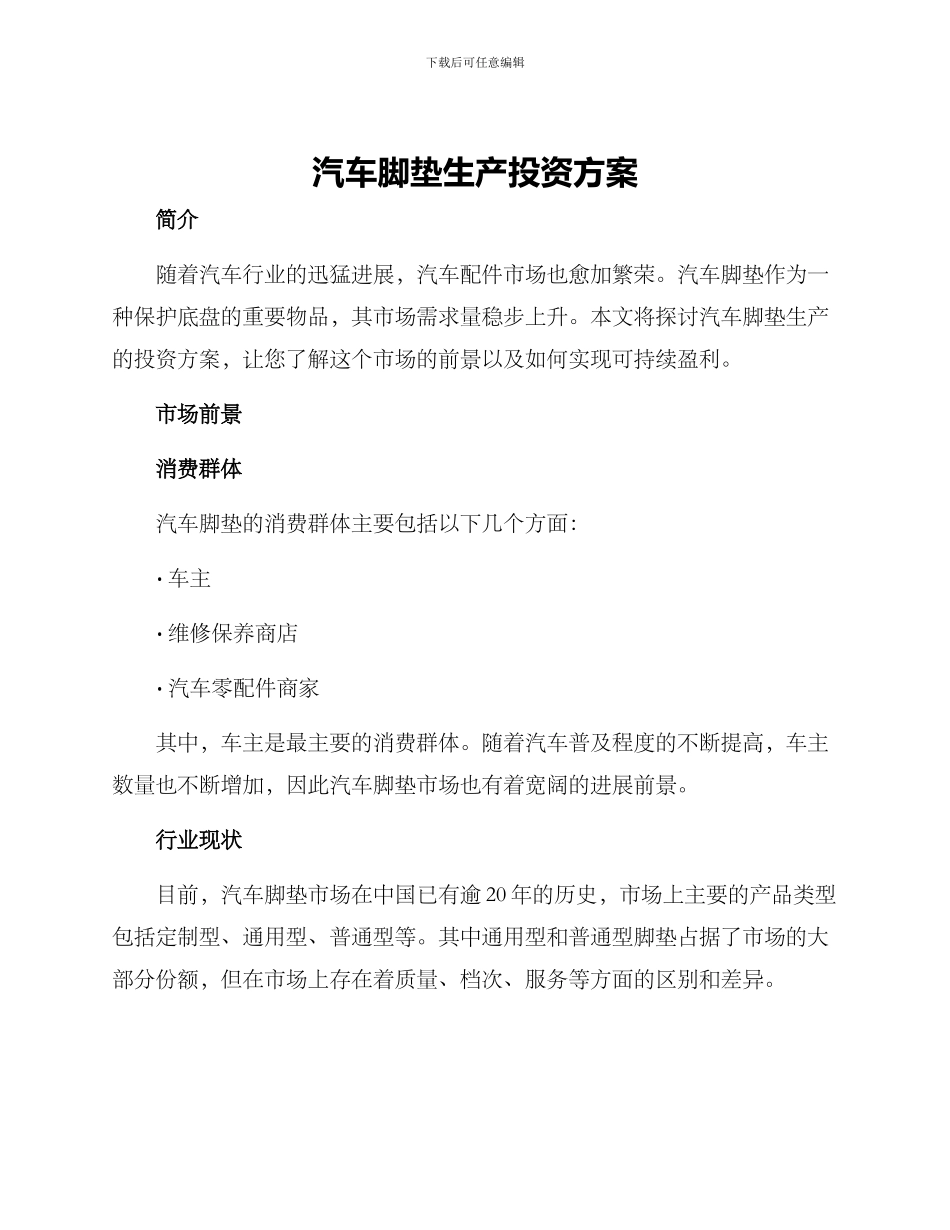 汽车脚垫生产投资方案_第1页