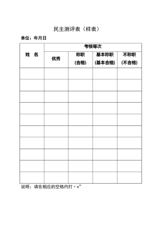 民主测评表 样表 