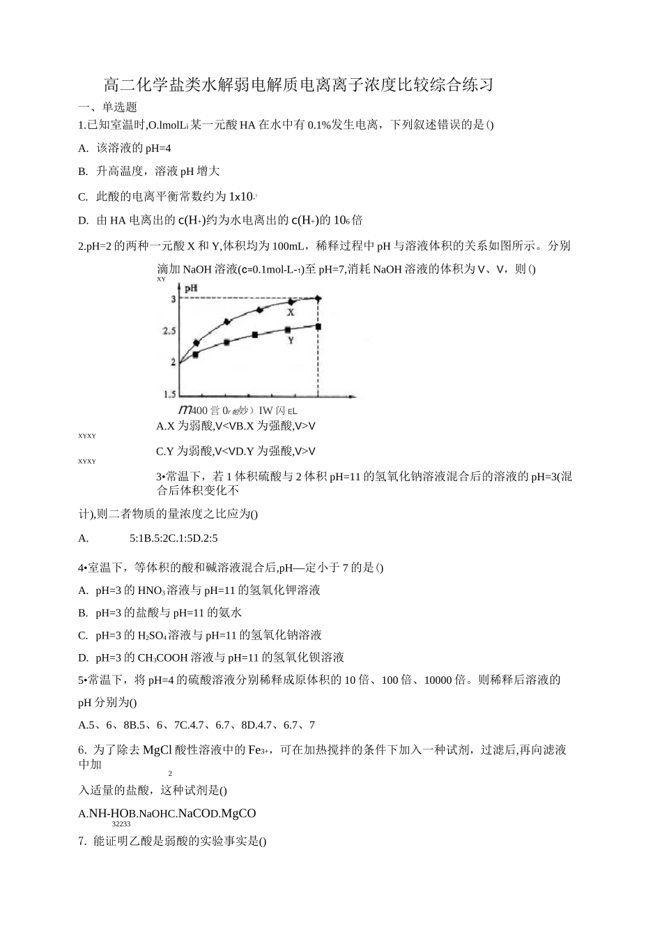 高二化学盐类水解弱电解质电离离子浓度比较综合练习_第1页