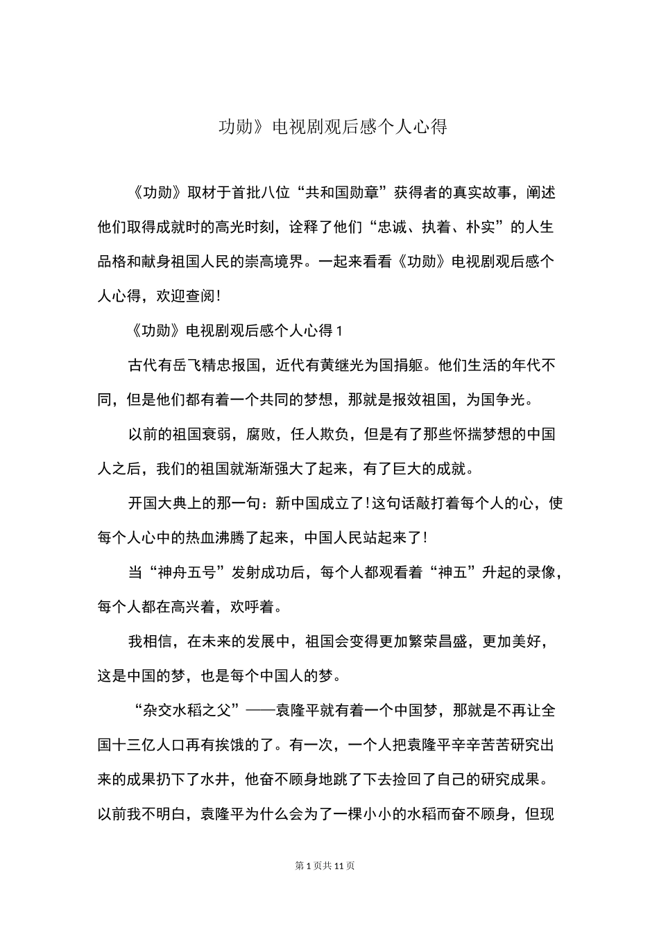 《功勋》电视剧观后感个人心得_第1页