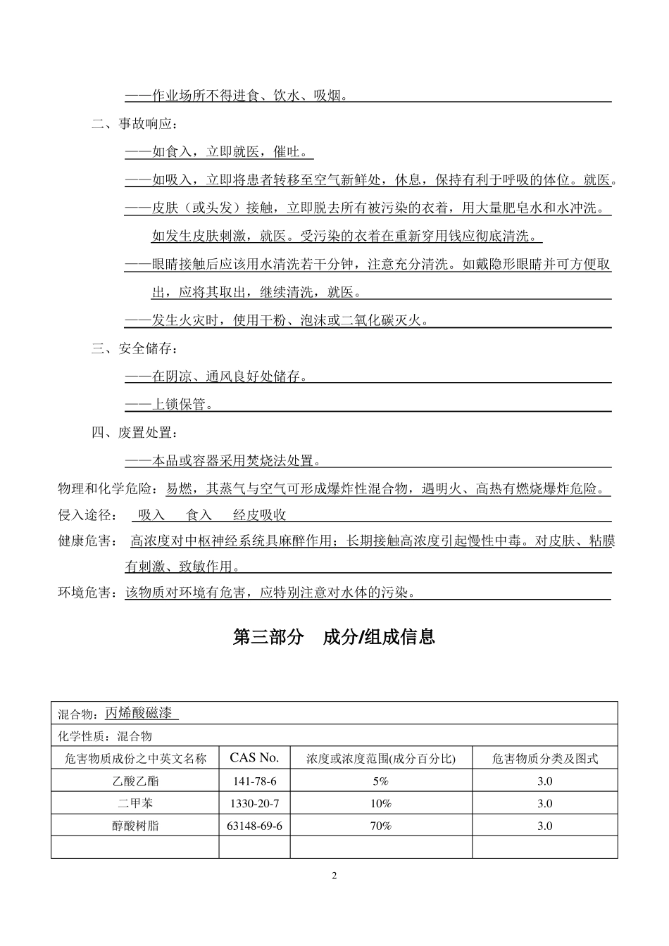 丙烯酸磁漆安全技术说明书_第2页