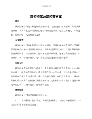 融资担保公司经营方案