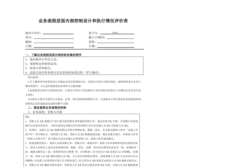 业务流程层面内部控制设计和执行情况评价表_第1页
