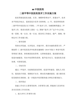中医医院二级甲等中医医院复评工作实施方案
