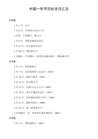 中国一年节日纪念日汇总