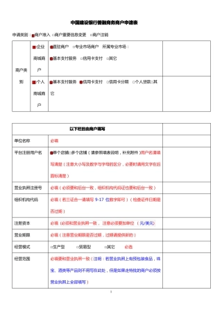 中国建设银行善融商务商户申请表填写样版